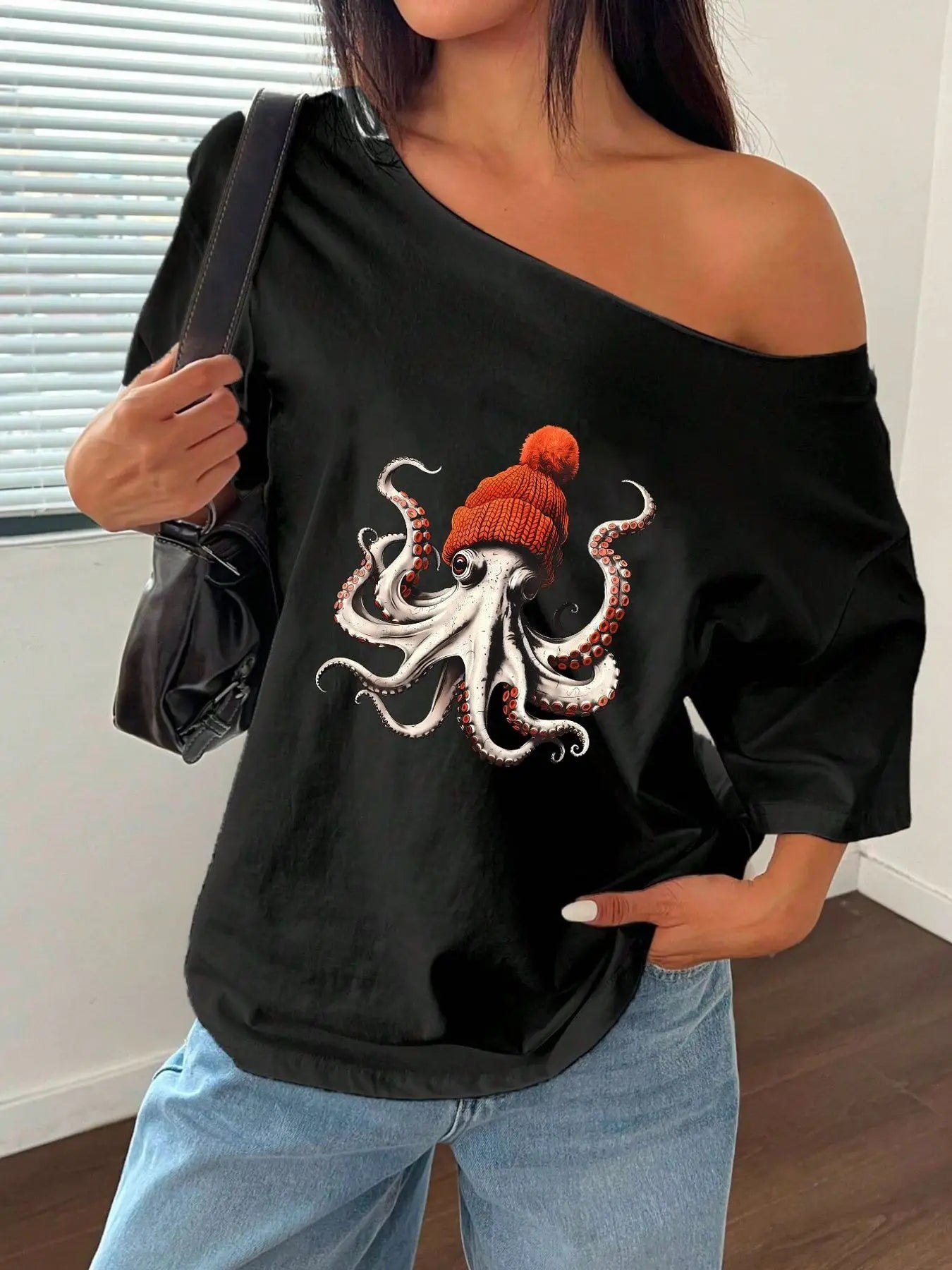 100% Cotton Plus Size Octopus Beanie Graphic Print Shoulder Loose Print T-Shirt Oversized Y2K Style Graphic Tees Women Tops S