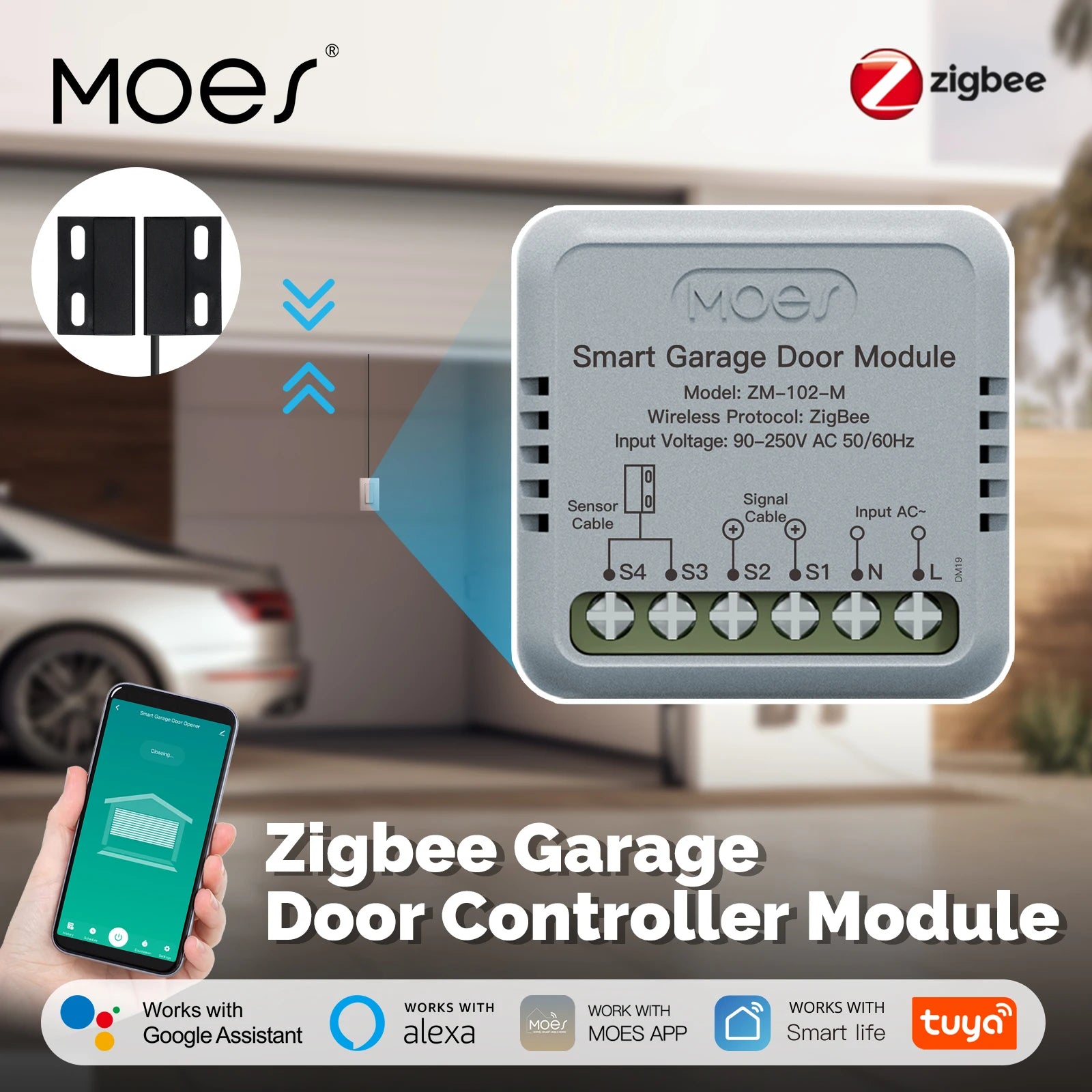 MOES Zigbee Garage Door Controller Module, Works with Tuya/Smart Life, Alexa & Google Home Voice Control, Smart App Remote
