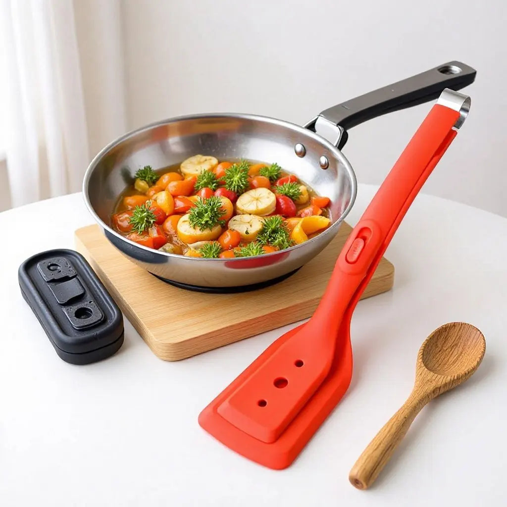 Silicone Spatula with Locking Clip, 2-in-1 Steak Tongs for Grilling Fish and Roasting Meat, Non-Stick Pan Cooking Tool