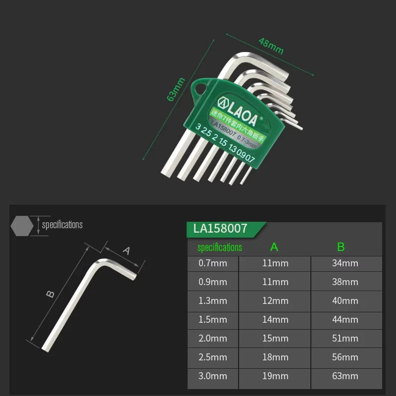 LAOA S2 Alloy Steel Mini Hex Wrench Set Small Miniature Allen Key Spanner 0.7/0.9/1.3/1.5/2/2.5/3mm for Precision Work