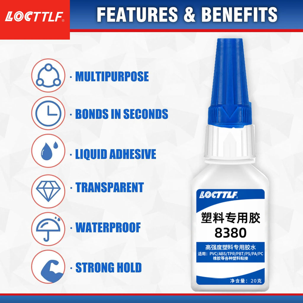 LOCTTLF 20g Plastic Glue Adhesive for 3D Printing Toy Car ABS PVC Super Instant  Glue Bonding Between Plastics Waterproof Clear