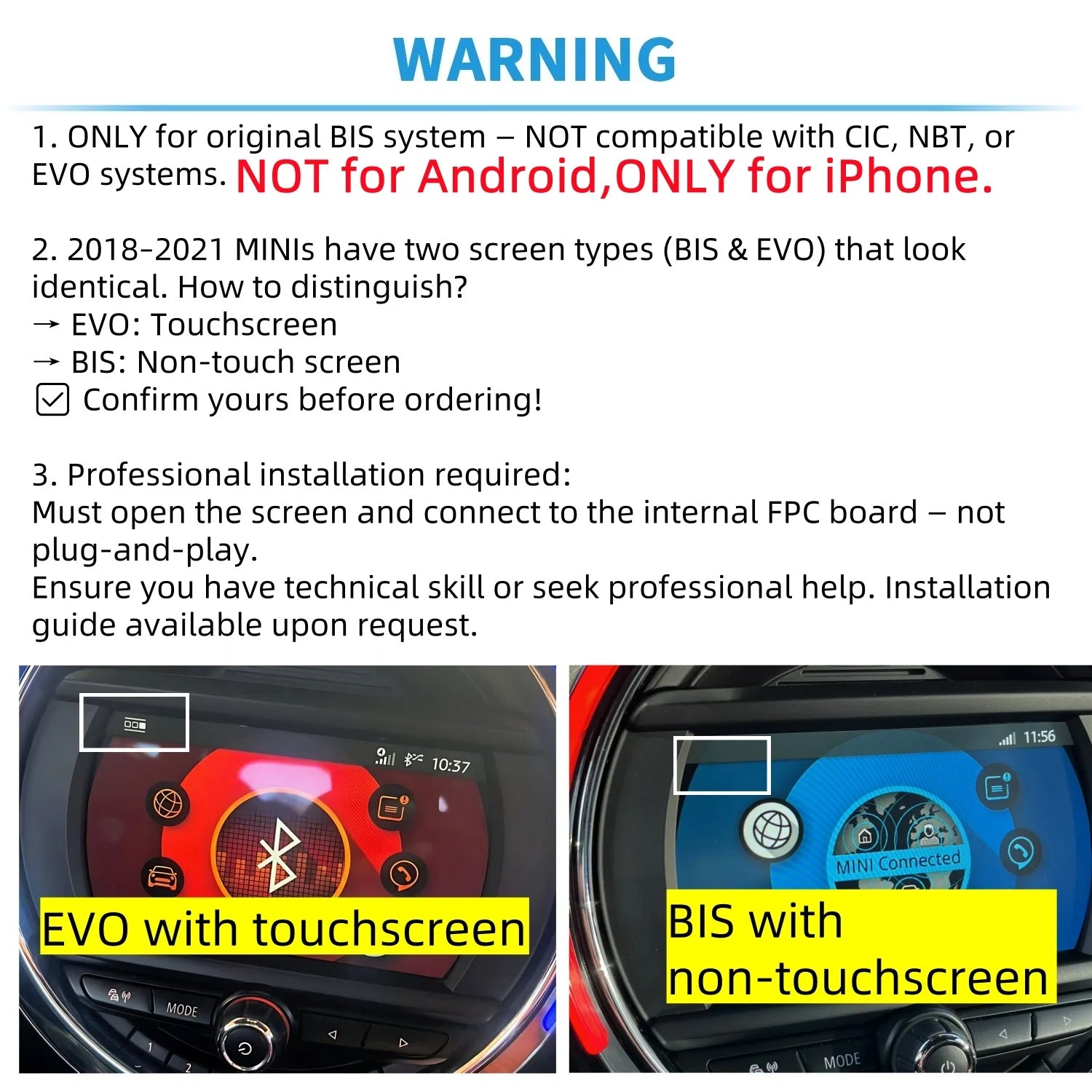 Wireless CarPlay for BMW MINI 2019-2021 Original BIS System 6.5inch Screen No Fit EVO NBT CIC, No Support Android Phone