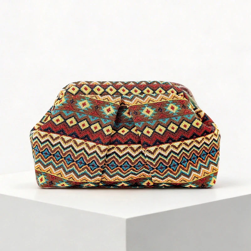 Summer Bohemian Women Evening Bag European American Fashion Clutch Bag Retro Jacquard Pleated Cloud Bags Portable Elegant Purse