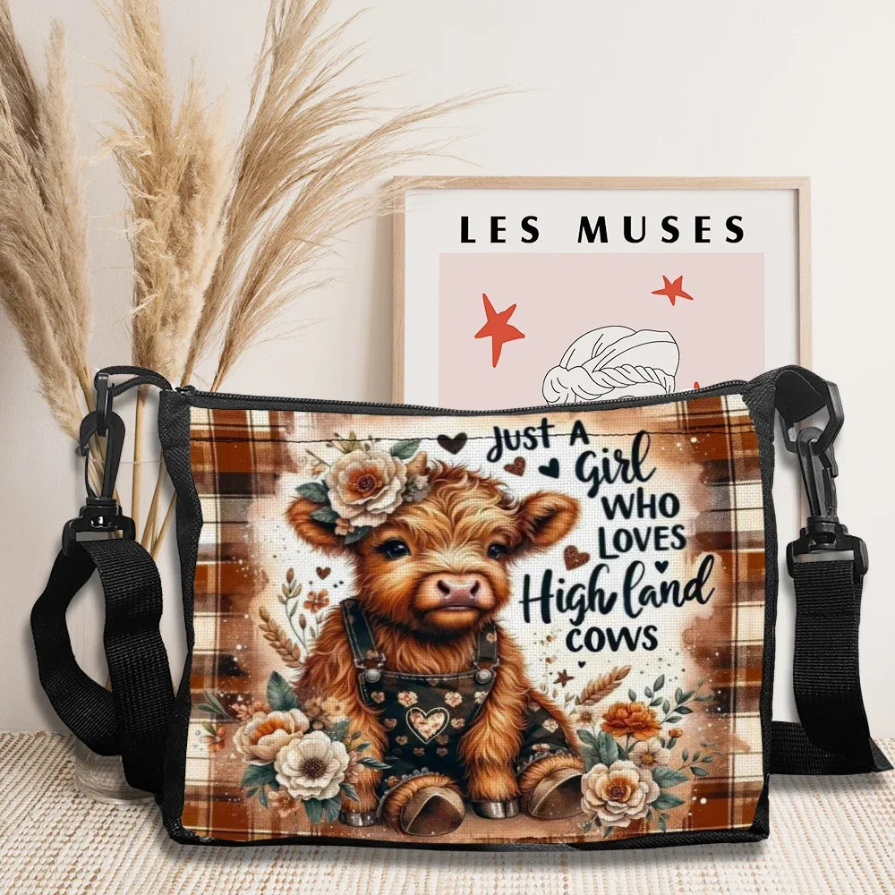 Highland Cow and Floral Pattern Crossbody Bag Polyester Fabric Handbag Cute High Quality Foldable Underarm Bag Adjustable Strap