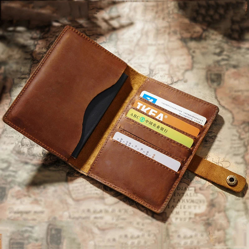 Crazy Horse Leather Passport Wallet – Retro Travel Organizer, RFID Blocking Multi-Function Ticket Purse for Men & Women