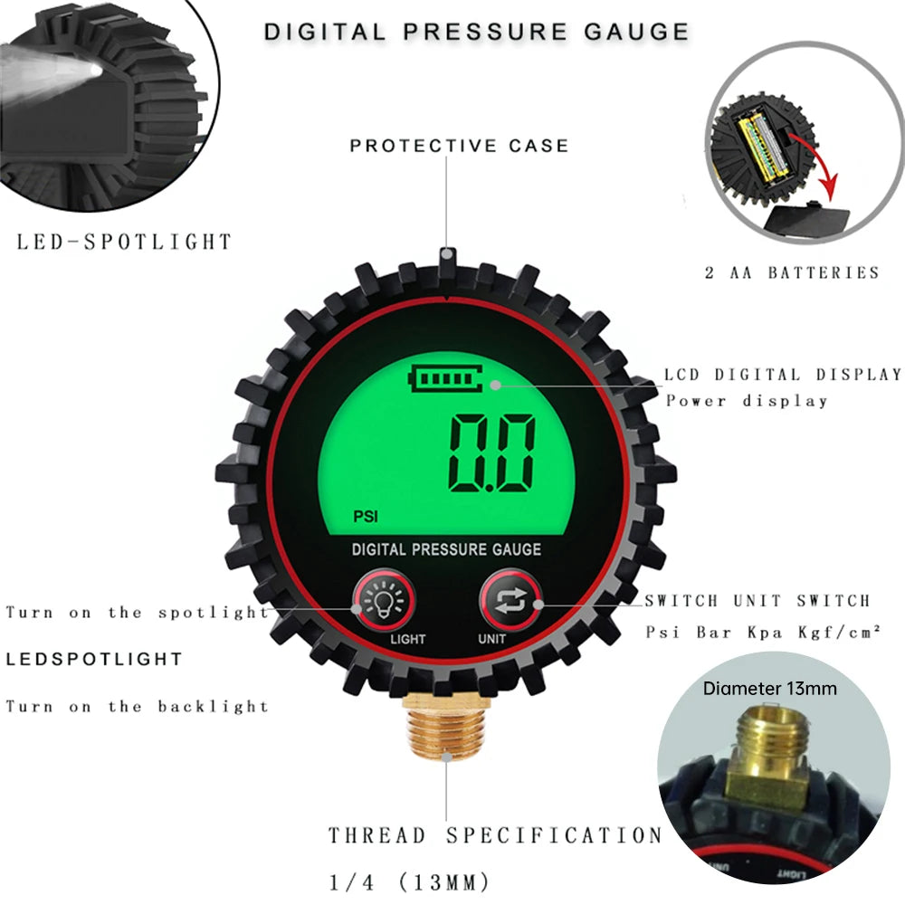 255PSI Digital Gas Pressure Gauge with M11 1/4 1/8NPT Screw Thread Connector Rubber Protector For Car Truck Motorcycle