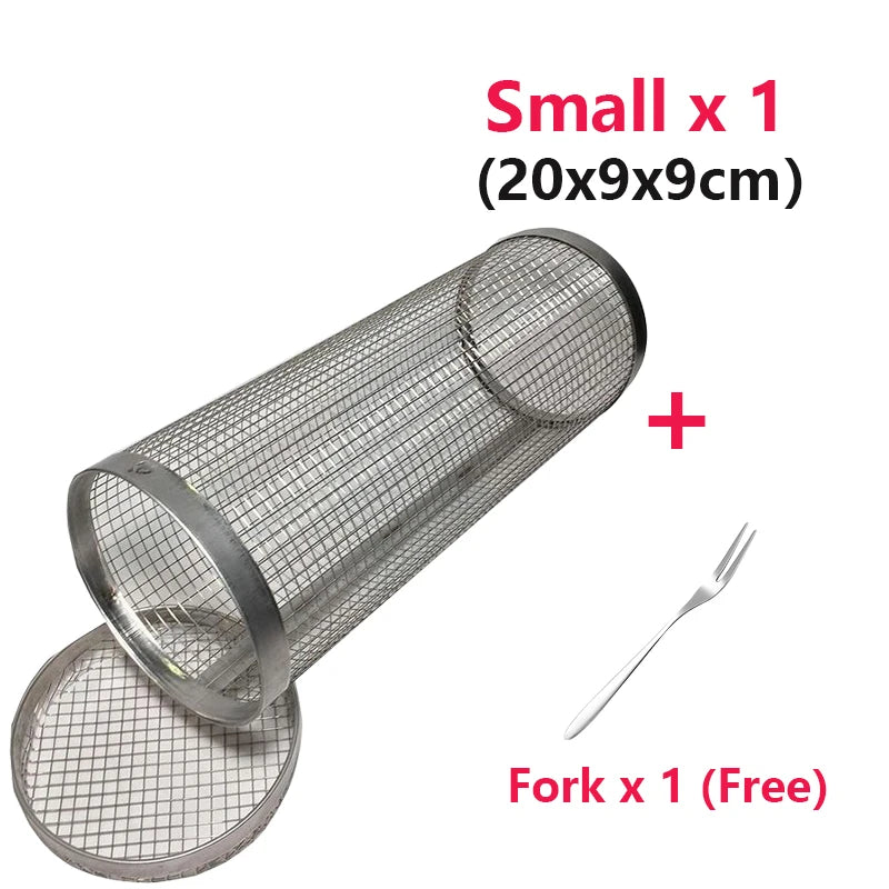 Rolling Grilling BBQ Basket Outdoor Picnic Camping Simple Cylindrical BBQ Grill Stainless Steel Leakproof Mesh Barbecue Rack