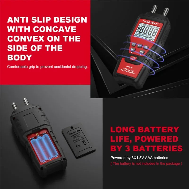 HT636 Digital Manometer Pressure Gauge Meter Handheld Pressure Differential Detector Air Pressure Kit Detector Meter 12 Unit