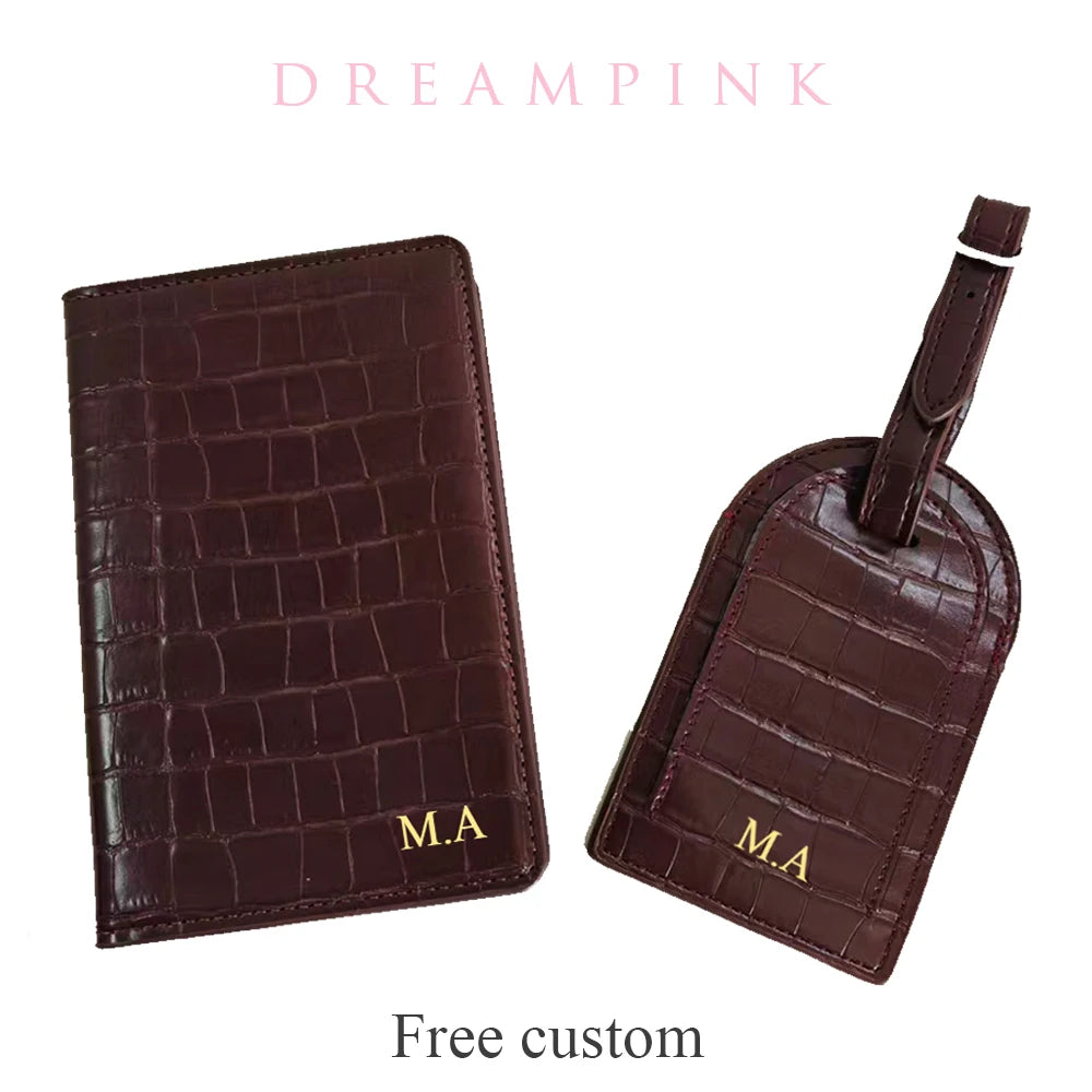 Crocodile Passport Cover Luggage Tag  Luxury Custom Letter Travel Accessories PU Leather Passport Holder Suitcase Name Label Set