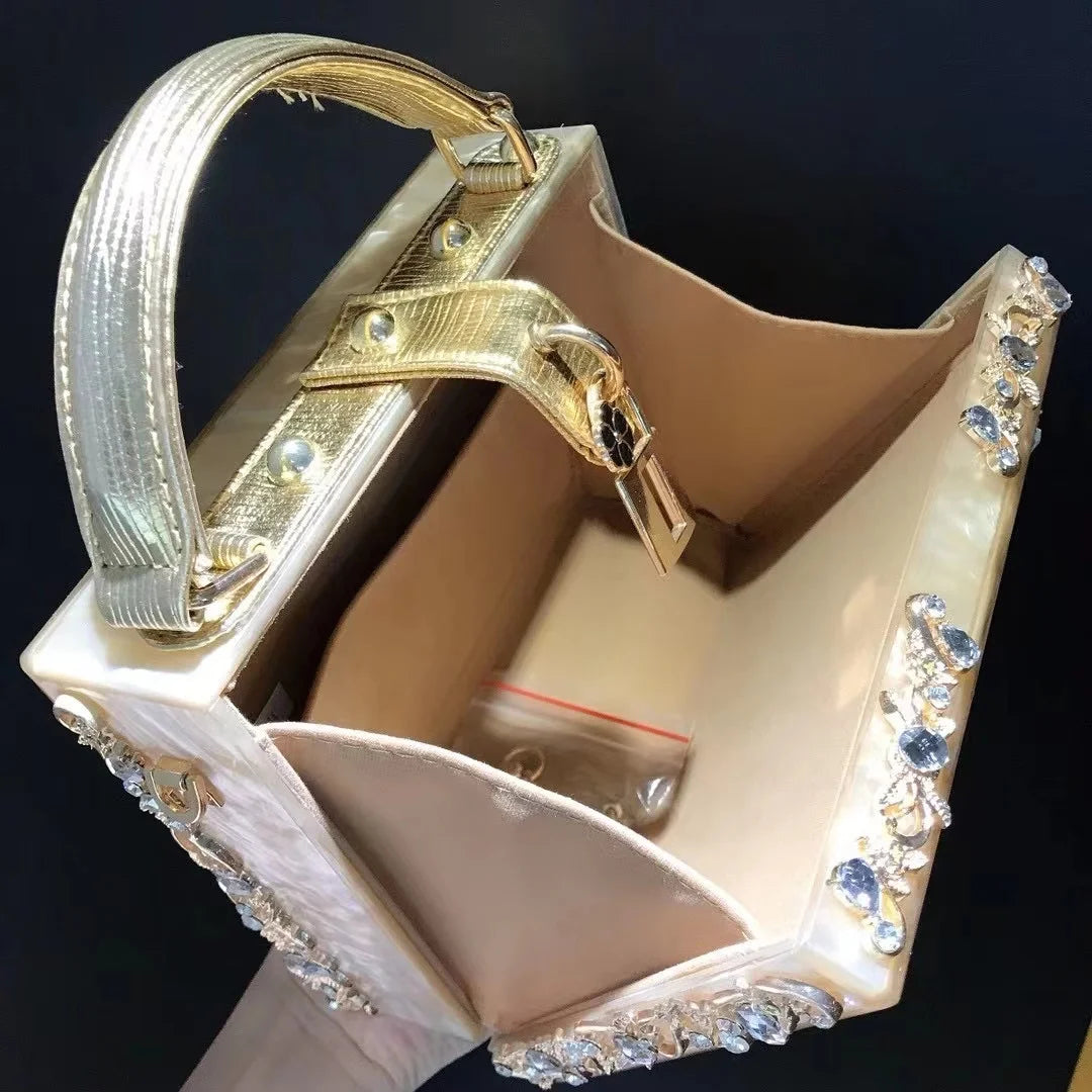 Luxury Designer Shimmer Acrylic Box Glitter Rhinestones Diamond Evening Bag Wedding Party Clutch Purse Shoulder Messenger Bag