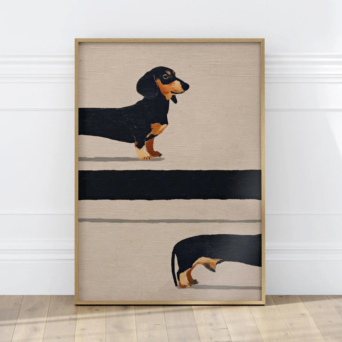 Playful Mid-Century Dog Wall Art - Textured Impasto Print of Curious Dachshunds, Blending Clean Geometric Lines with Warm Earth