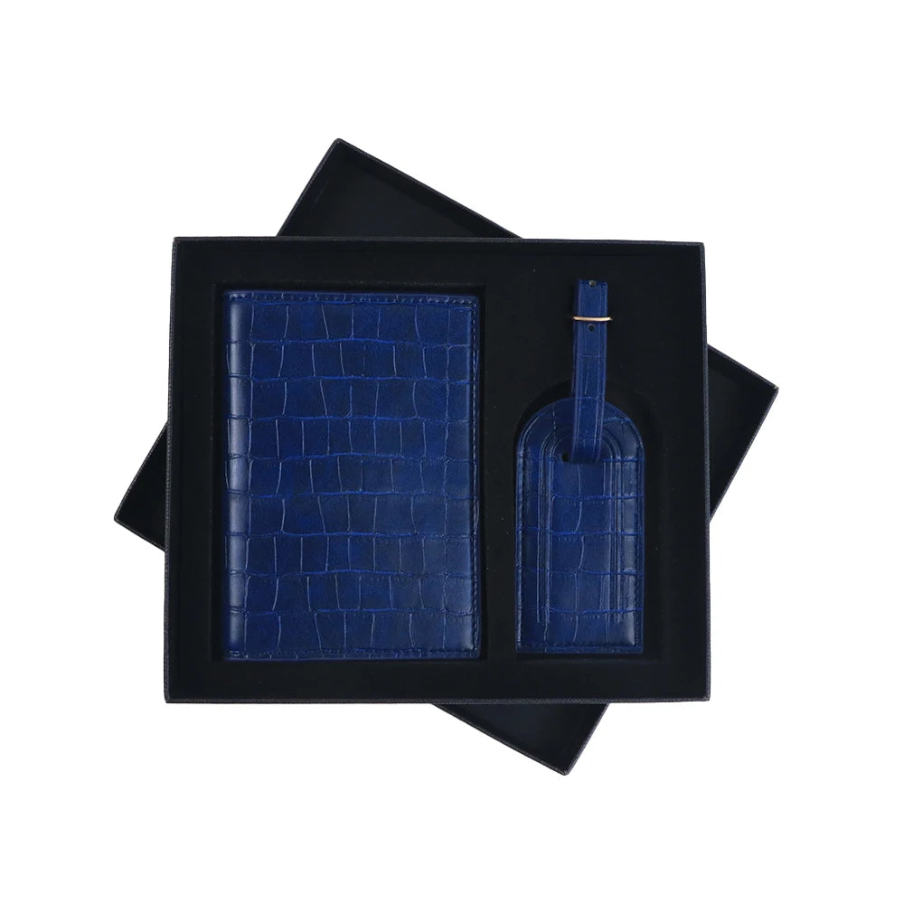 Customized Name PU Leather Crocodile Skin Pattern Luggage Tag + Passport Holder Gift Box Bag Accessories