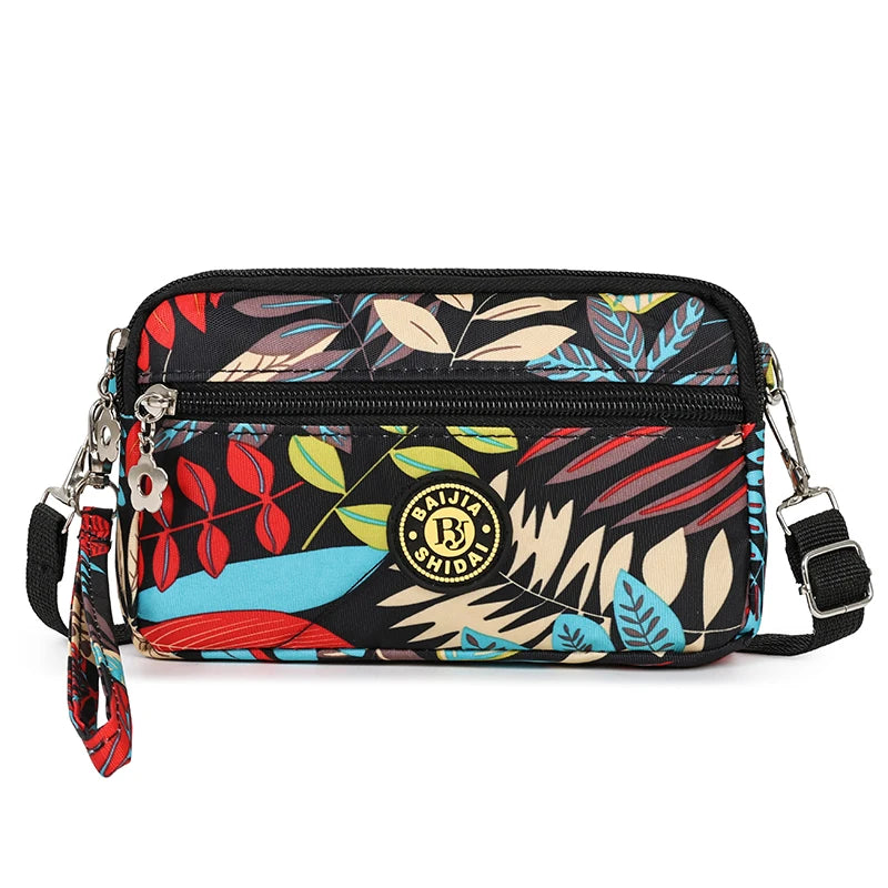 Lightweight Utility Crossbody Bag Durable Nylon Canvas Floral Print Multi Compartment Secure Zipper Women Travel Handbag