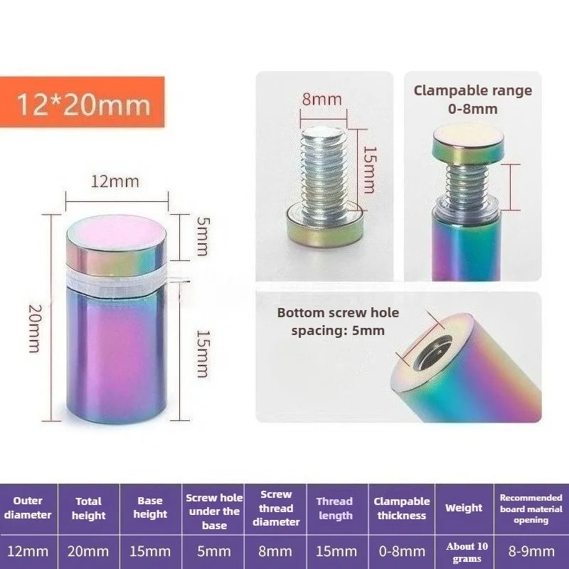 4Pcs Rainbow acrylic Picture Frame Glass Sign Standoff Nail Wall Mount Standoff Holder Stainless Steel Advertise Fixing Screw