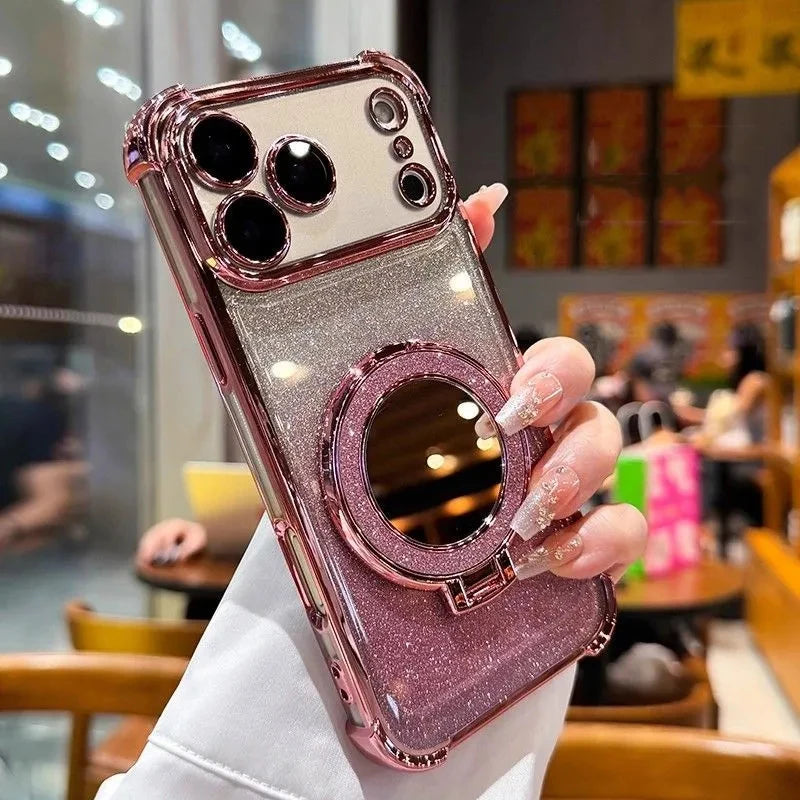Glitter Shockproof Mirror Magnetic Bracket Case For iPhone 17 Air 16 15 14 Plus 13 12 11 Pro Max Plating For Magsafe Soft Cover