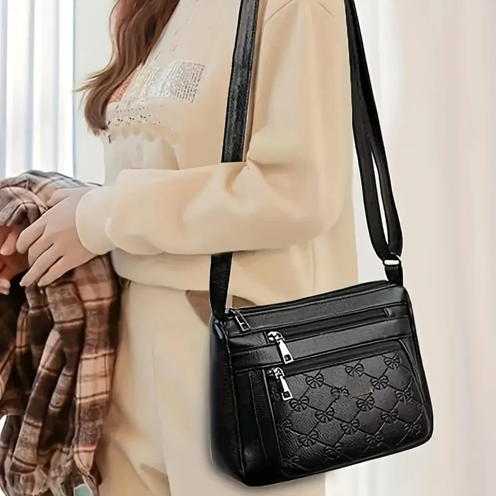 Women Crossbody Fashion Pu Leather Large Capacity Multi-Pocket Mom Bag Black Embossed Outing Party Shoulder Bag