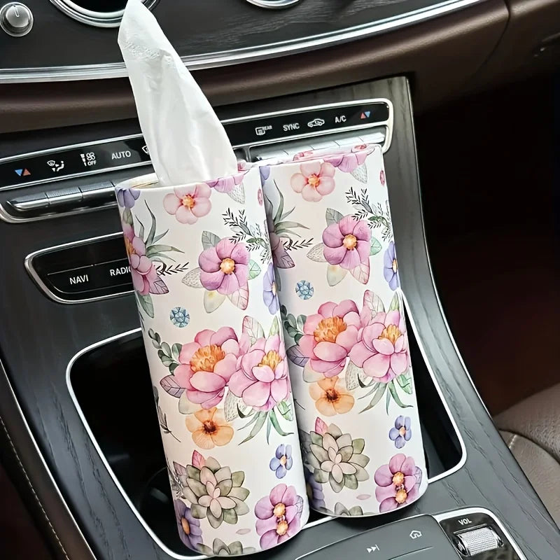4Rolls Floral Car Tissue - Cylindrical Paper Towel Tube, Hand Wiping Paper for Car Seat, Includes Face Towels, Car Tissue Holder