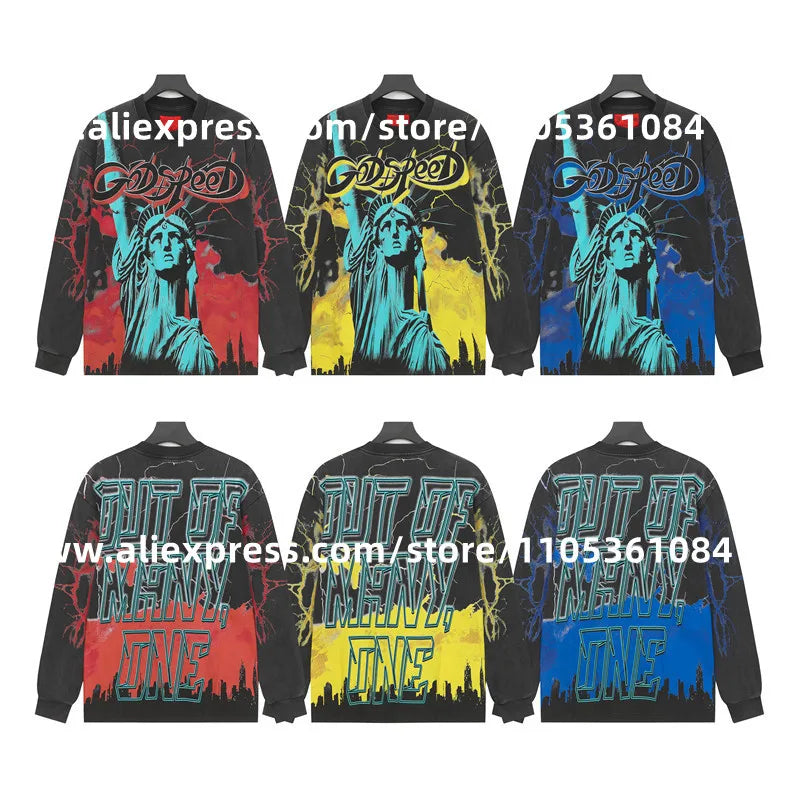 2026 Quality American Skeleton Pattern Printed Washed GODSPEED Long Sleeves T-shirt High Street Casual Cotton Round Neck Men Top