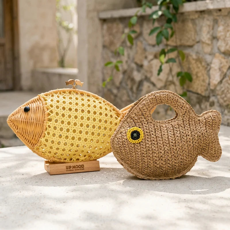 Creative Goldfish Shape Woven Bag Hand-woven 3d Animal Handbag Summer Beach Vacation Clutch Women Stylish Eco-friendly Clip Bag