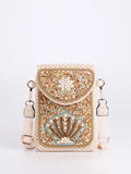 Advanced straw woven crossbody bag, new fashionable rice bead bag, European and American woven women's shoulder phone bag