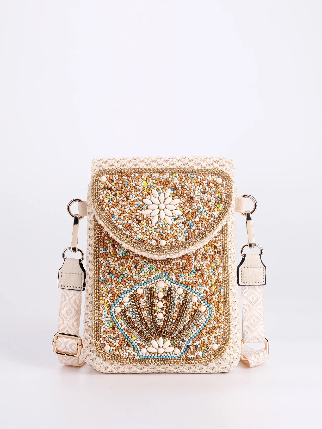 Advanced straw woven crossbody bag, new fashionable rice bead bag, European and American woven women's shoulder phone bag