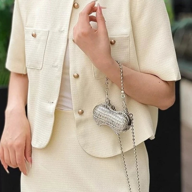 Luxury Diamond Inlay Peanut Shape Crystal Clutch Purse Stones Evening Wedding Party Shoulder Bag Handle Rhinestone Mini Handbags