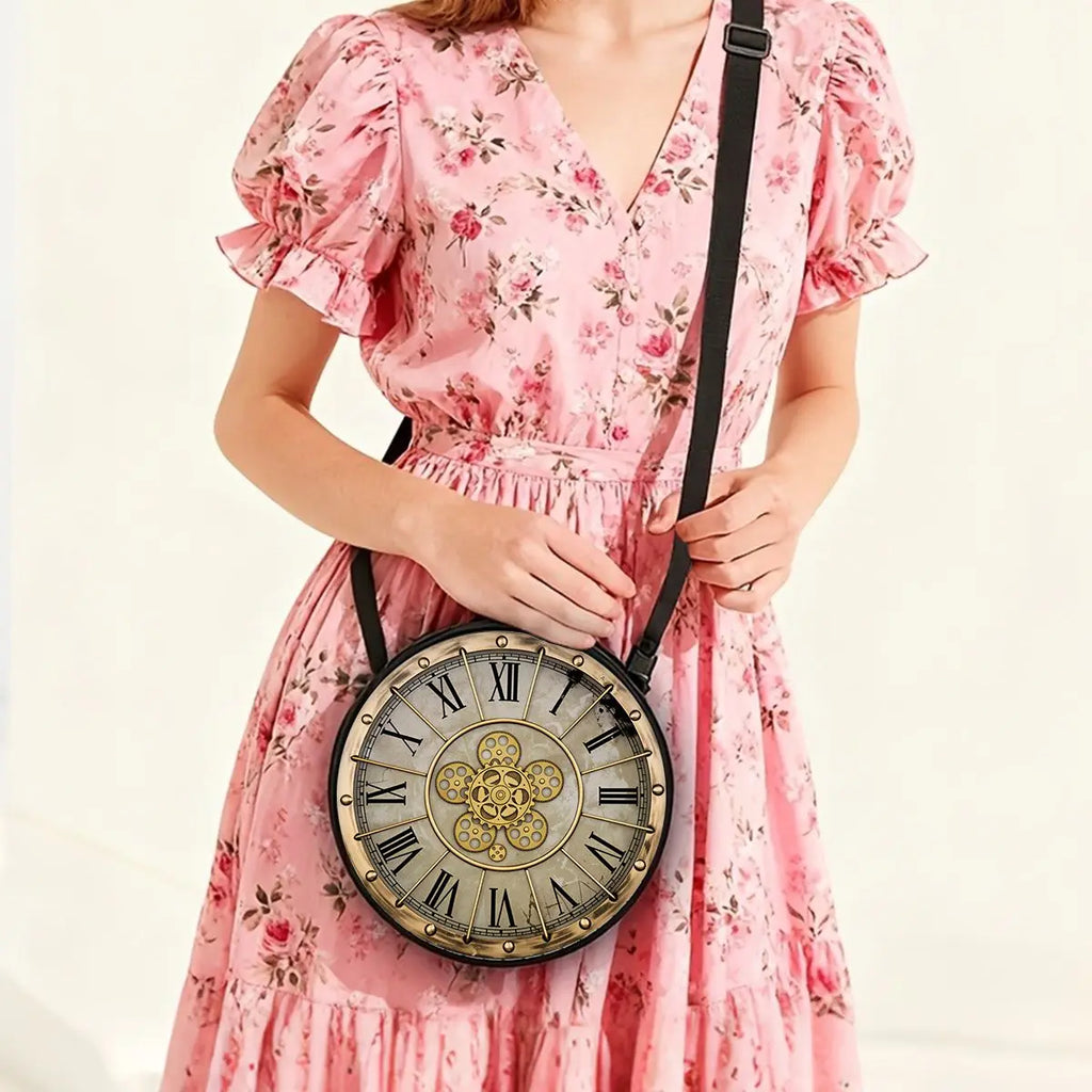 Clock Print Round Shoulder Bag Casual Messenger Bag Daily Adjustable Strap Crossbody Bag for Woman Best Gifts 2D Flat
