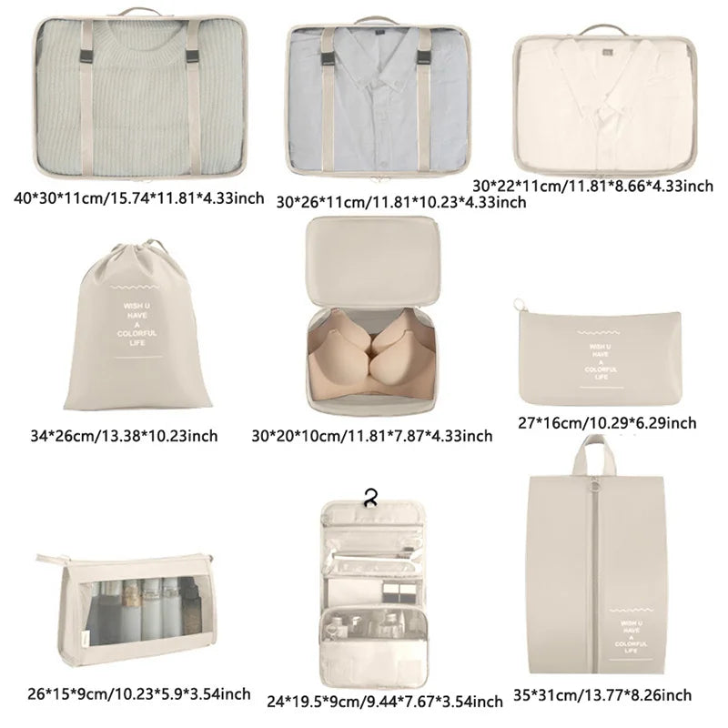 9Pcs Travel Packing Cubes Set Waterproof Luggage Organizer with Drawstring Pouches for Clothes Shoes Cosmetics Underwear - Suitc