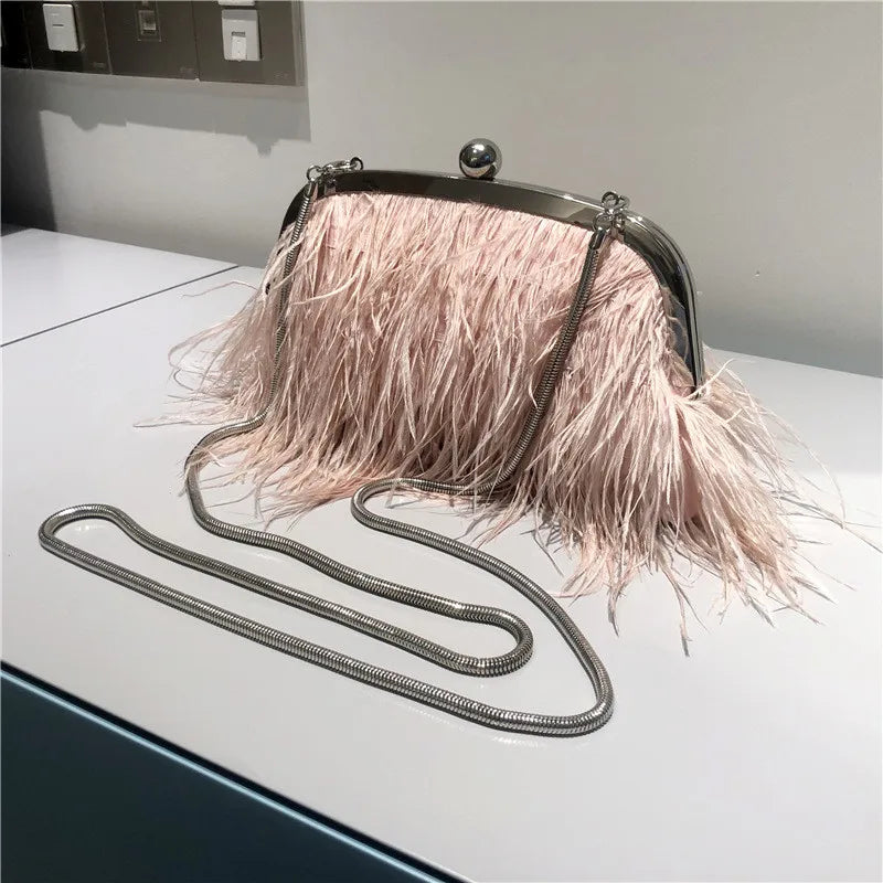 New Ostrich Hair Evening Clip Clutch Bag Fashion Lady Wedding Party Pouch Bag Chain Shoulder Crossbody Ostrich Feather Bag