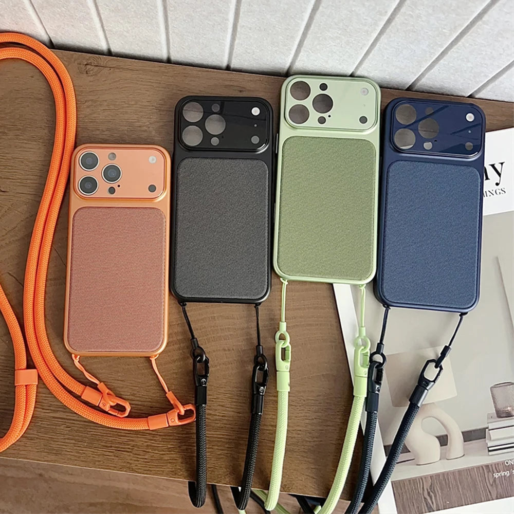 Crossbody Lanyard Knitted Pattern Phone Case For iPhone 17 17Pro 16 15 14 13 12 11 Pro Max Metallic Color Frame Original Cover