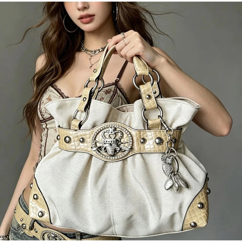 Retro Y2k Rivet Underarm Bag Women Brand Belt Buckle Shoulder Handbag Large Capacity Casual Commuter Tote Canvas Storage Bag