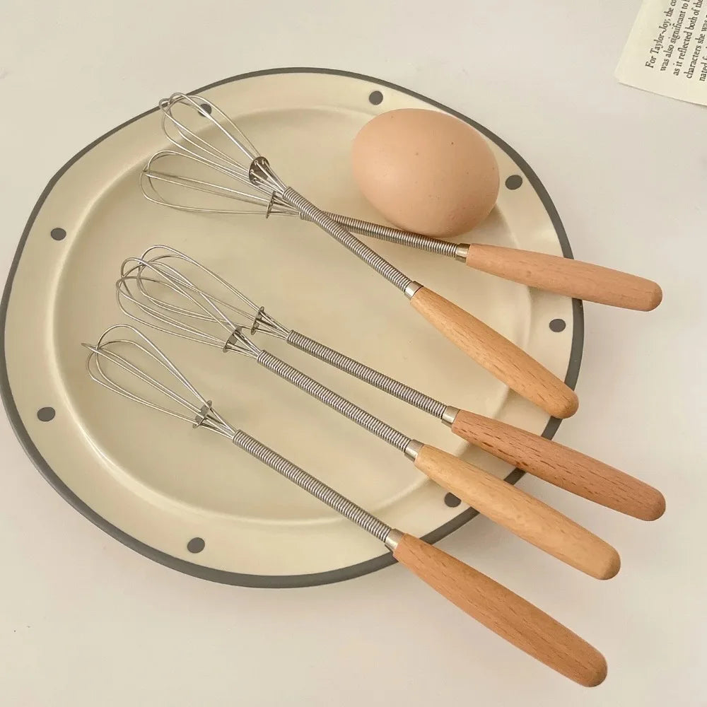 Multifunction Stainless Steel Egg Beater Wooden Handle Useful Mini Egg Whisk Portable Manual Egg Beater Baking