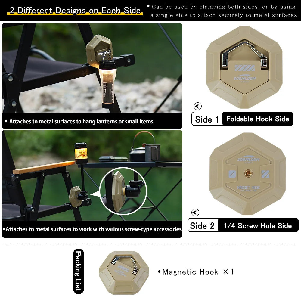 Soomloom Magnetic Camping Hook – Dual-Sided Design with 1/4" Screw Mount, Strong Grip for Tent Fabric & Metal, Multi Tent Hook