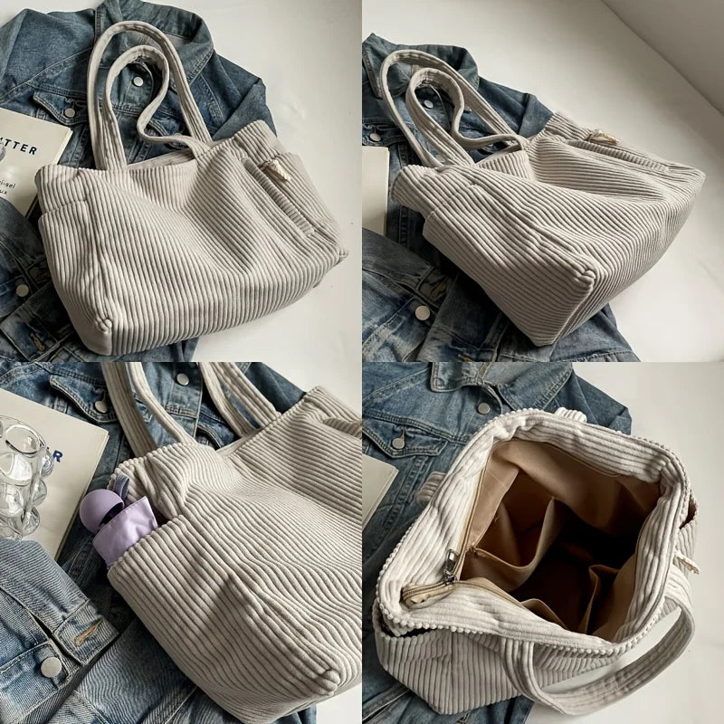 Large Corduroy Tote Bag for Women Everyday Shoulder Bag with Pockets and Zipper for Work Travel Vacation