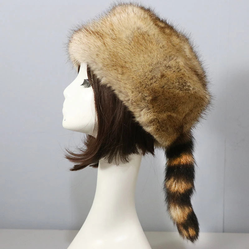 Autumn and Winter New Fashion Flat Top Russian Style Hat Warm Thicken Plush Raccoon Hat for Adult Kids Unisex Fur Hat Winter