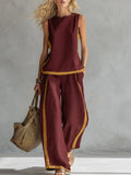 Simple Stripe Print Women's Suits Summer Fashion Sleeveless Loose Blouse Wide Leg Pants Two Piece Set For Women Casual Outfits