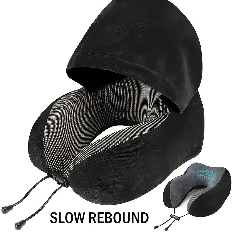 1pcs Outdoor Travel Car Pillow Memory Cotton Hooded U-shaped Pillow Removable Washable Neck Pillow