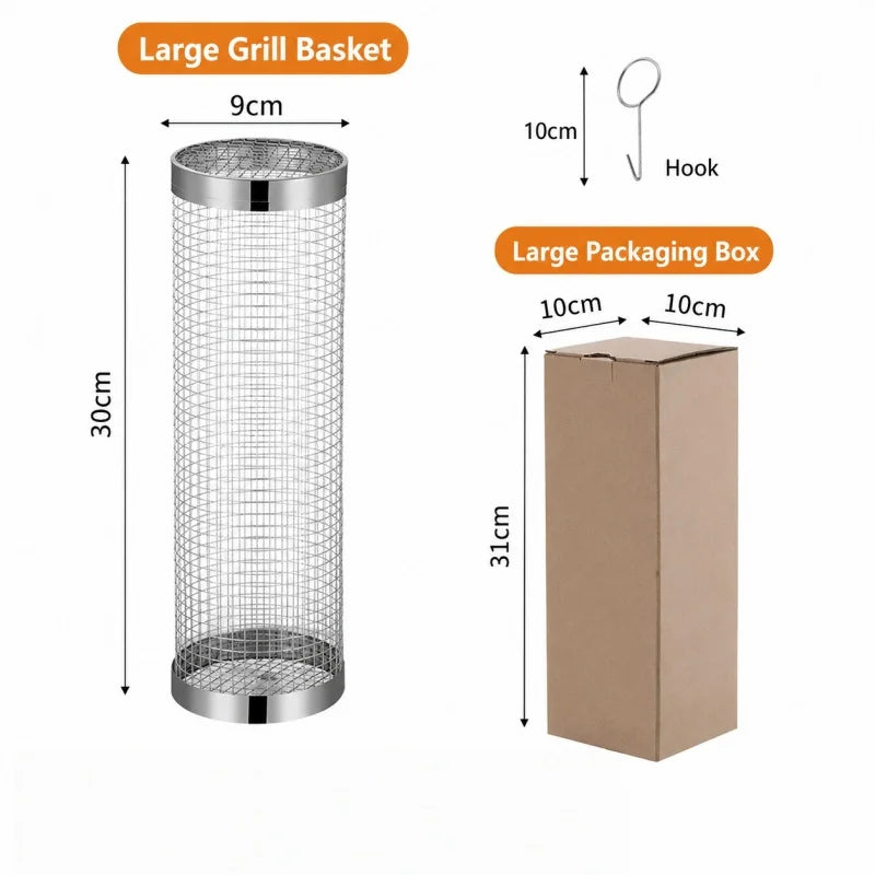 Stainless Steel Rolling Barbecue Basket Cylindrical Barbecue Basket Wire Mesh Portable Outdoor Barbecue Grill
