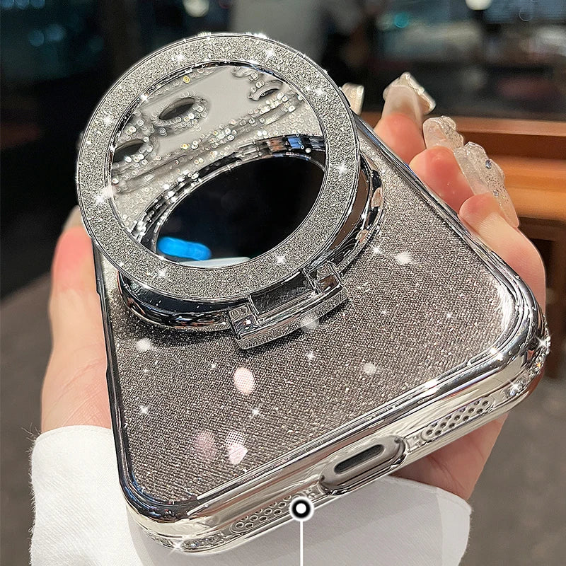 Luxury Diamond Clear Glitter For Magsafe Case For iPhone 17 16 15 14 13 12 11 Pro Max Air Mirror Magnetic Holder Stand Cover