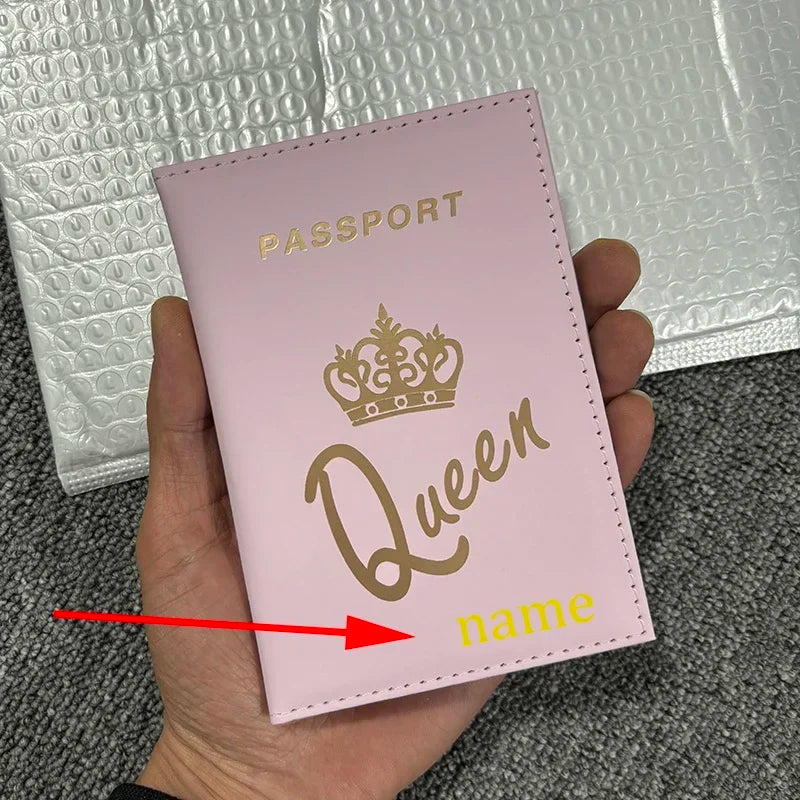 Personalised Name King and Queen Logo Passport Cover Customize Gold Color Name for Couple Customizable Passport Book Holder