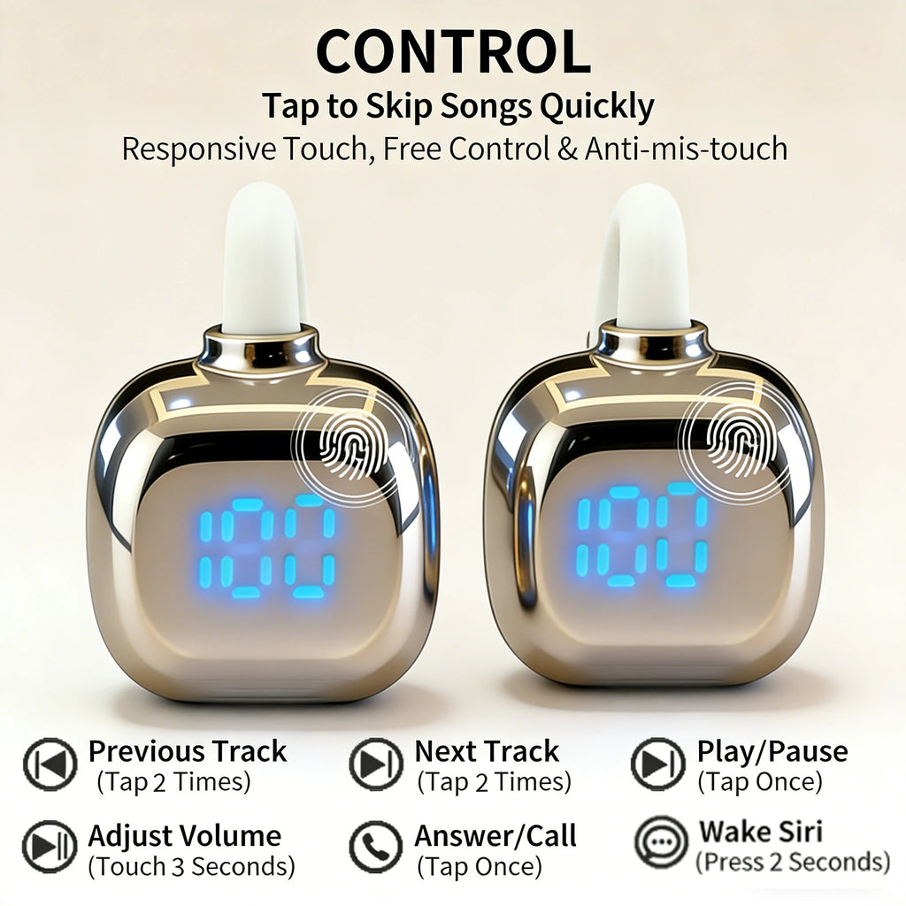 Trendy open-style ear clip earphones with Bluetooth 5.4 and charging case featuring high-definition digital display, small sound