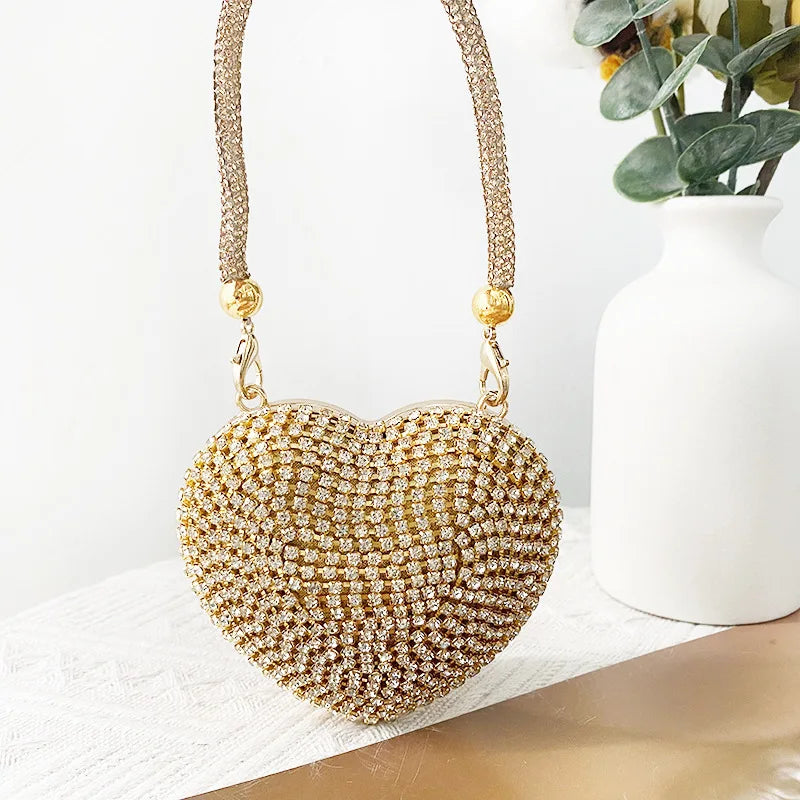 Heart Shaped Diamond Encrusted Glass Stone Evening Bag Women's Chain Handbag Stylish Crossbody Bag Elegant  Shape