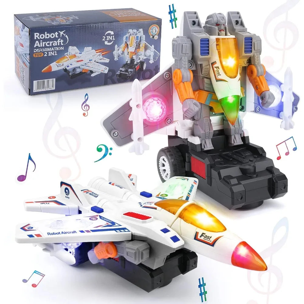 Deformation Airplane Toy Battery Operated Robot with Light & Sounds Bump and Go Action Fighter Birthday Gift for Boys Girls Kid