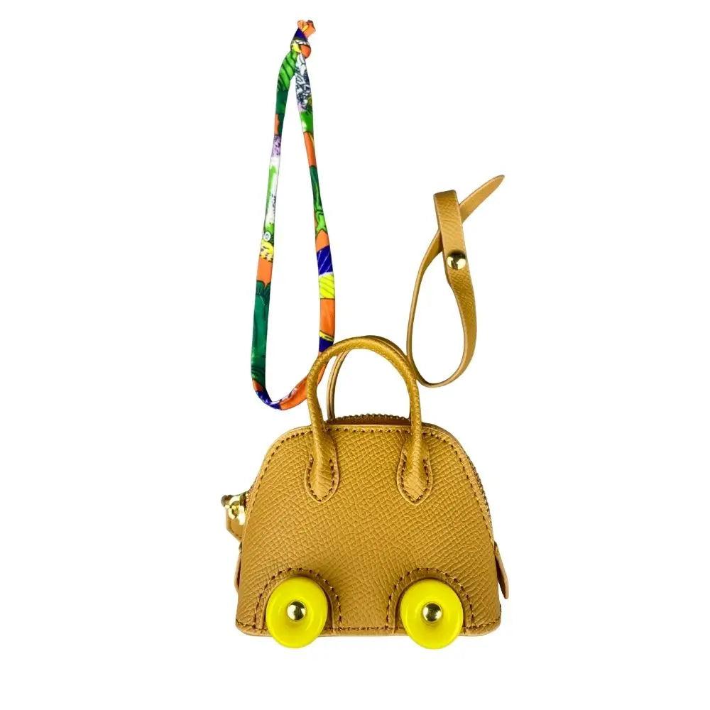 Leather Mini Bag Charm With Cute Wheels - Earphones & Lipstick Pouch with Dual Straps-PU Leather-Ideal For Bag Accessory