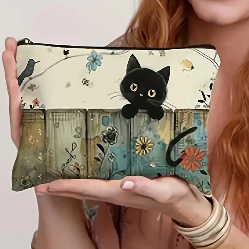 Black Cat Floral Zipper Pouch - Durable, Fade-Resistant Cosmetic Bag, Gift for Sisters, Friends, Cat Lovers | Vibrant Design