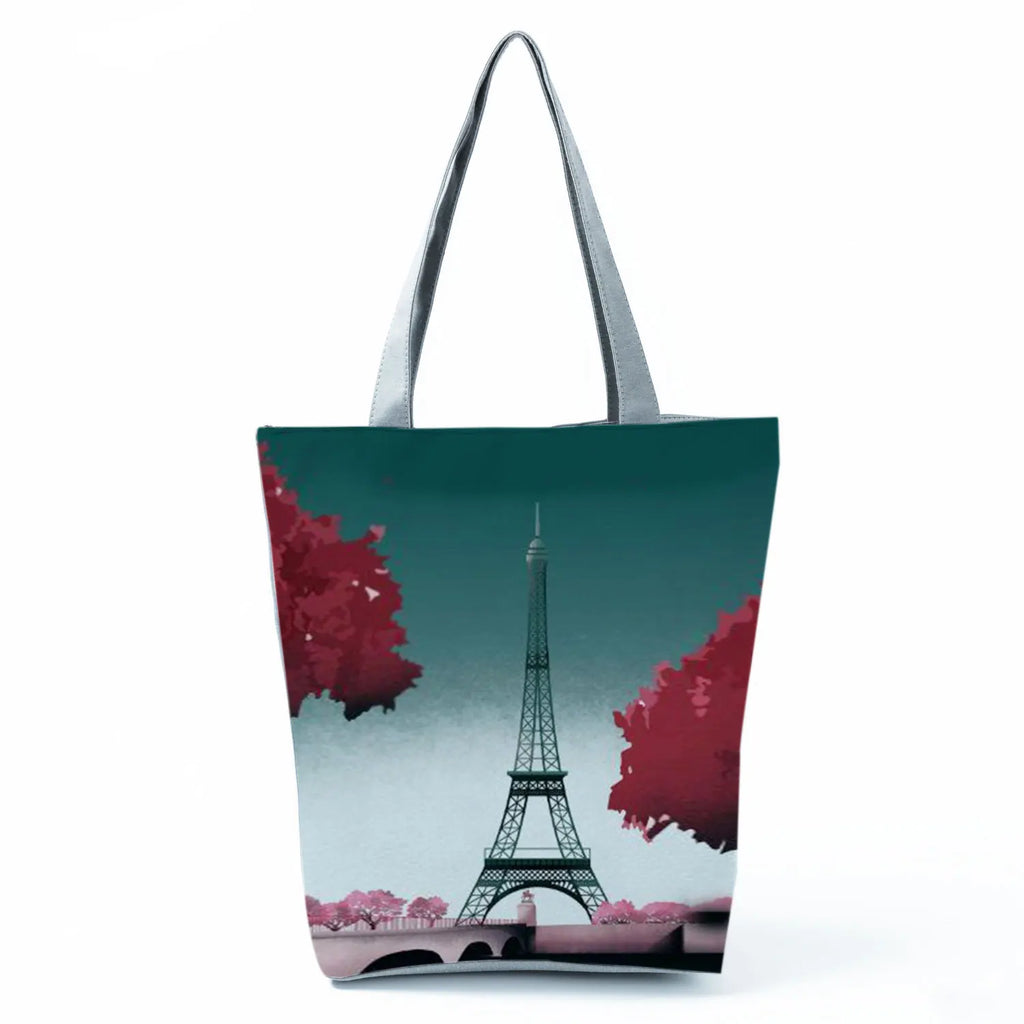 Floral Eiffel Tower Print Tote Bag Paris Landscape Shoulder Bag Fashion Pretty Handbags High Capacity Shopping Bag Eco Beach Bag