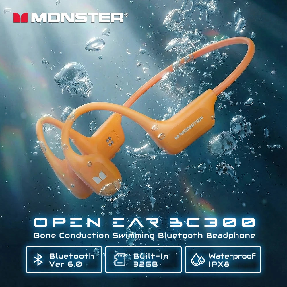 Monster BC300 Bone Conduction Bluetooth 6.0 Headphone IPX8 Waterproof Wireless Swimming Earphones Built-in 32GB Sport Earhook