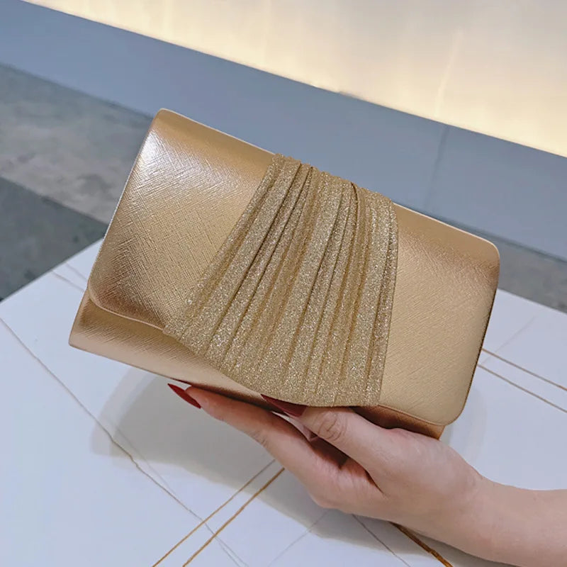 Golden Small Evening Clutch Bag for Women, Trendy Prom Party Purse, Metal Chain Shoulder Crossbody Handbag Femme Dinner Bolsa