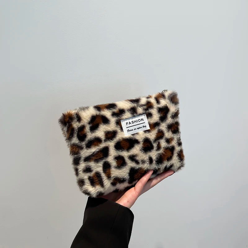 Leopard print plush Makeup Bag Large capacity portable travel toiletry bag Cosmetics Clutch Bag Premium storage bag