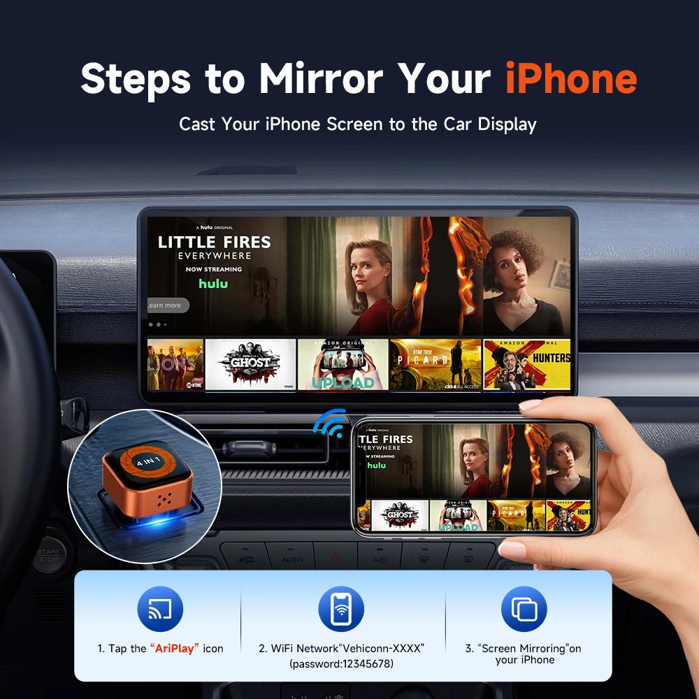 New 4-in-1 Wireless CarPlay Mini Ultra 6 Android Auto Dongle Screen Mirroring MiraCast AirPlay BT WiFi Seamless Connection OTA